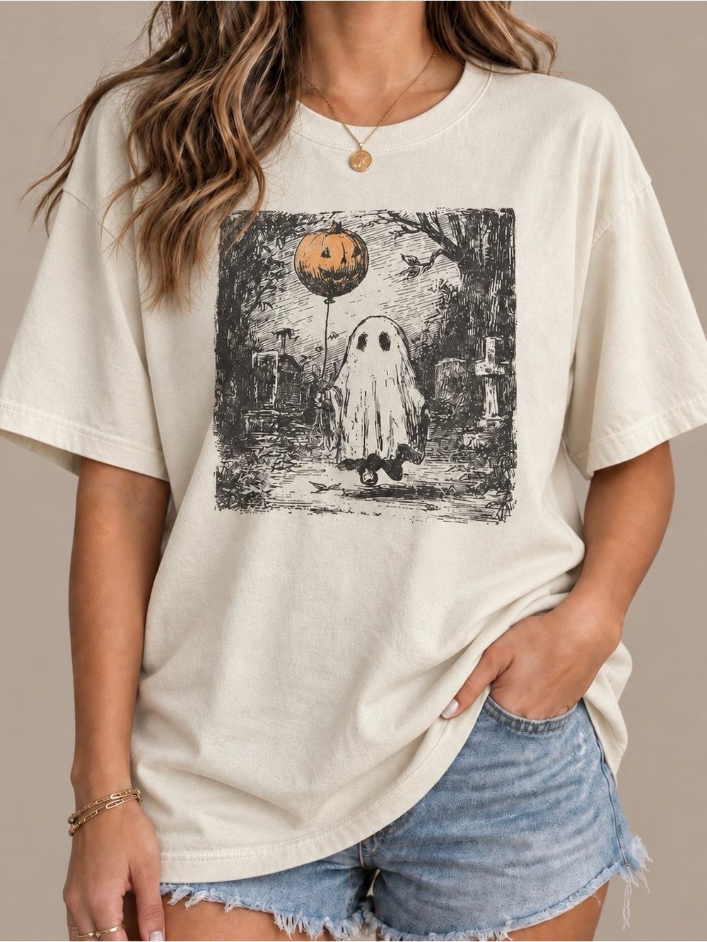 Ghost Pumpkin Balloon Spooky Season Fall Aesthetic Statement Womens Graphic Tee
